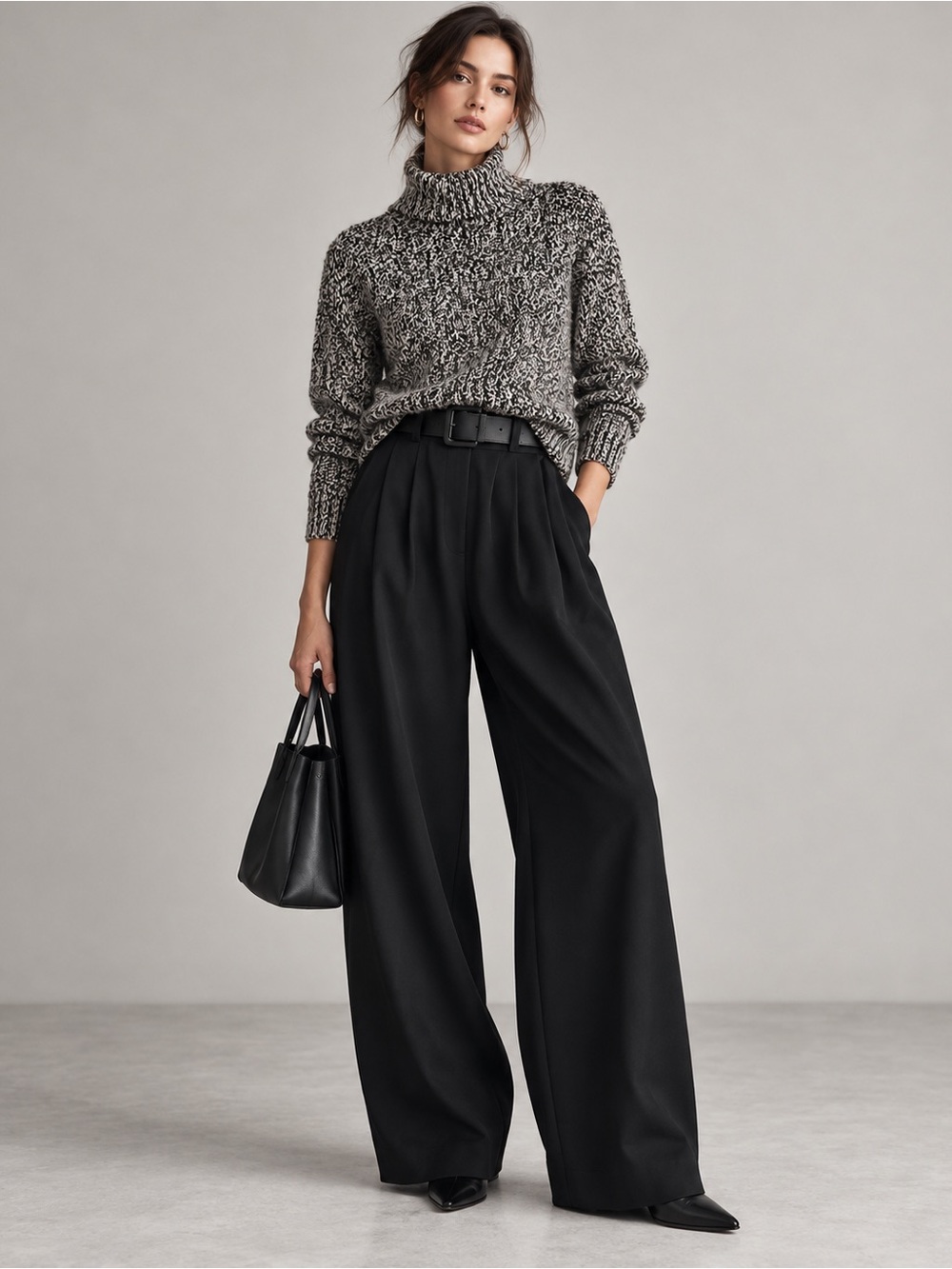 Eileen Fisher Black White Marled Turtleneck Organic Cotton Cashmere Sweater XS